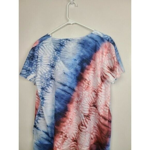 One World Womens Top Large Blue Red Tie Dye Lace Accent Short Sleeve Americana - Picture 4 of 8